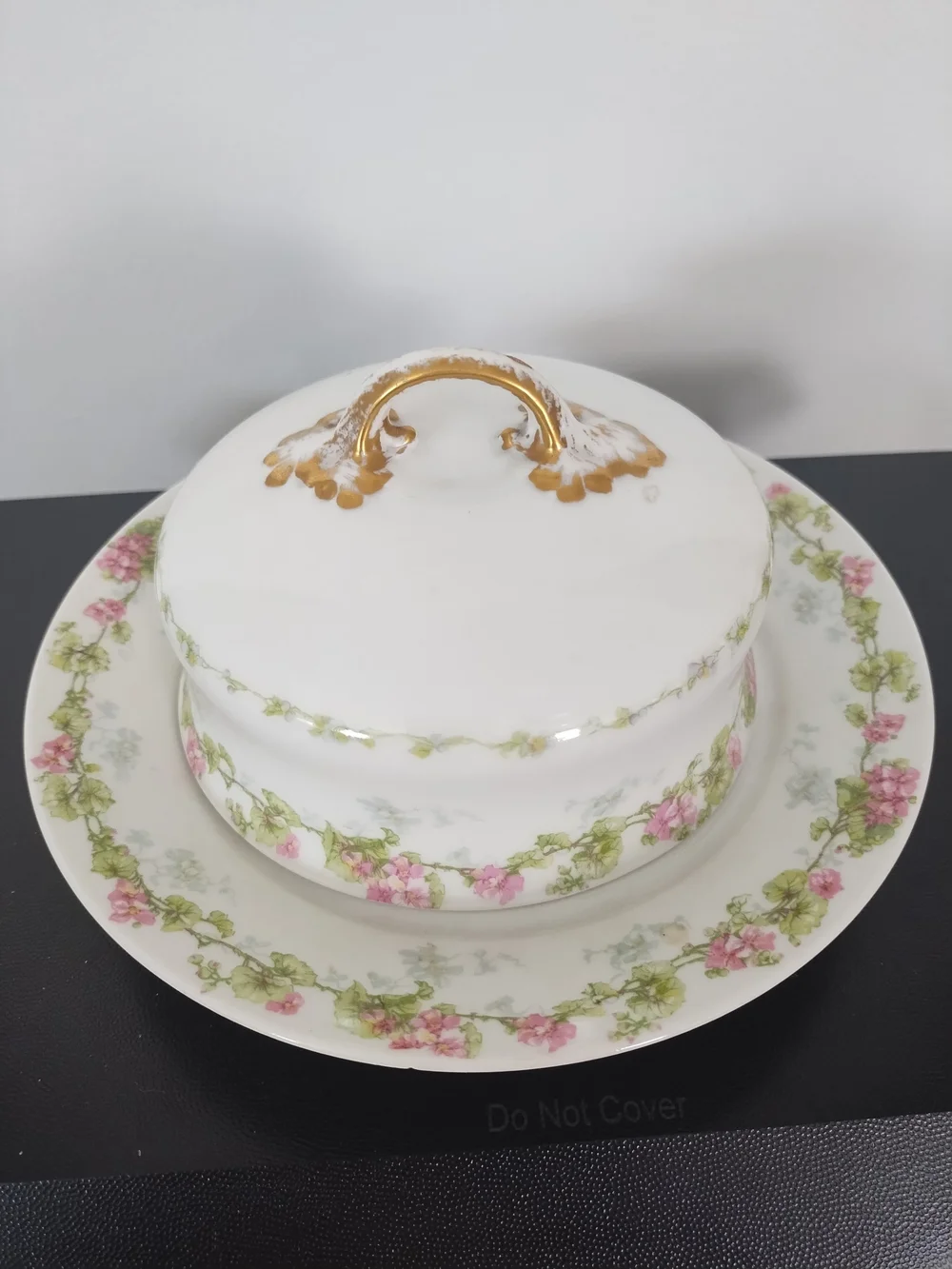 Antique Limoges Porcelain Covered Dish with Pink Floral Vine and Gold Handle